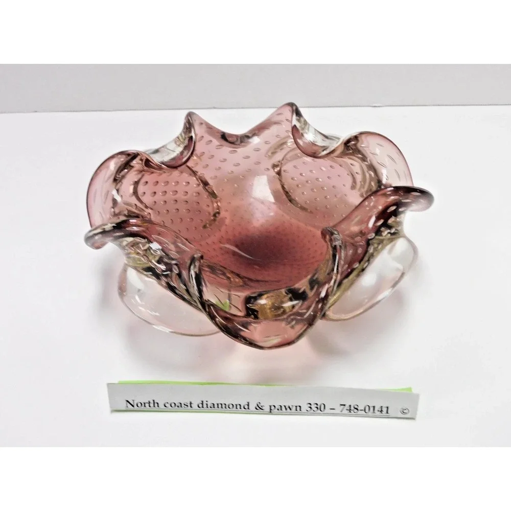 VTG Cranberry Murano Style Bullicante Art Glass Ruffled Bowl Purple 7 inch JC123